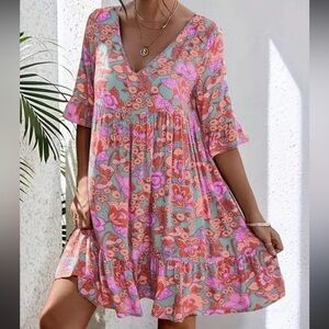 🤍New Pretty N Pink Bohemian Floral Print Dress Top🤍